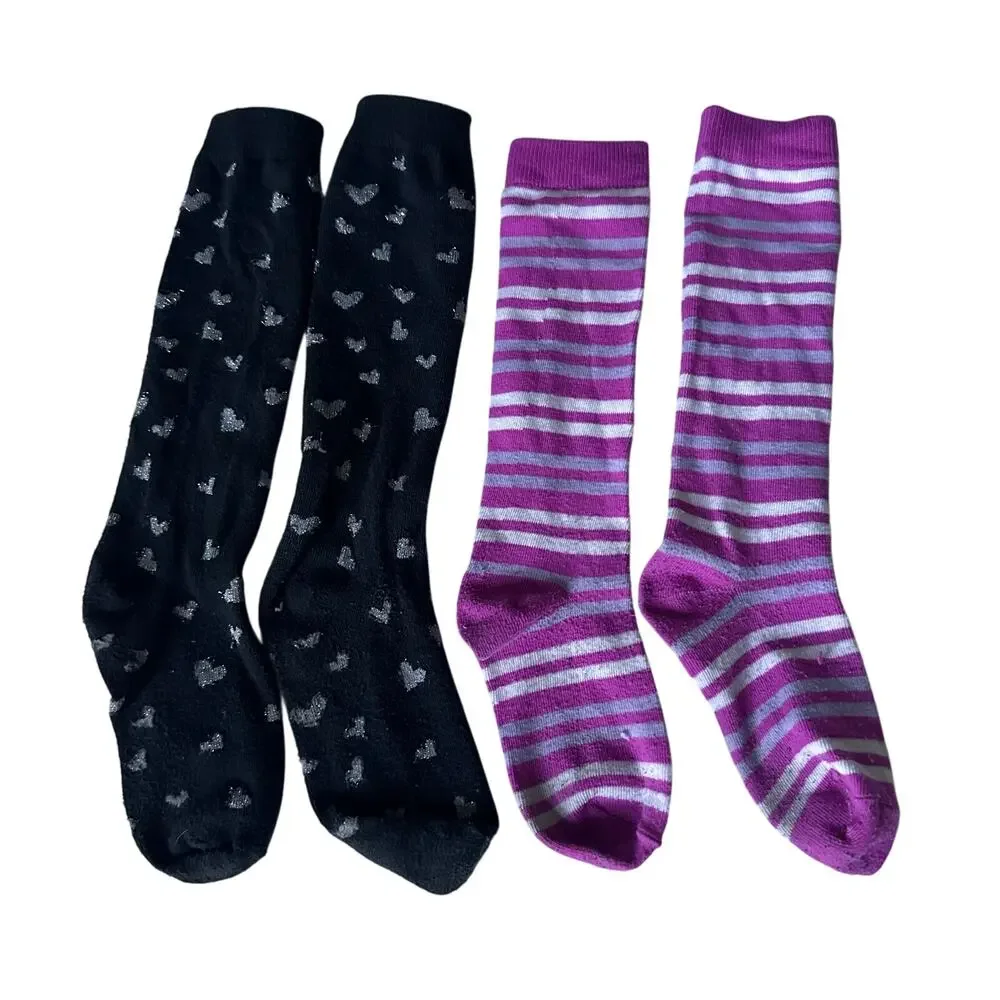 Girls Knee High Socks Bundle Pink Stripe & Heart Print